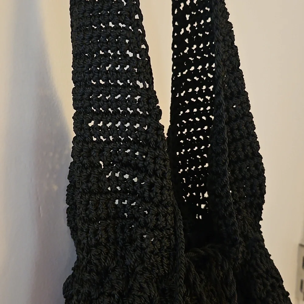 Vintage Black Crochet Drawstring Nap Sack Hobo Festival Bag with Coin Pouch